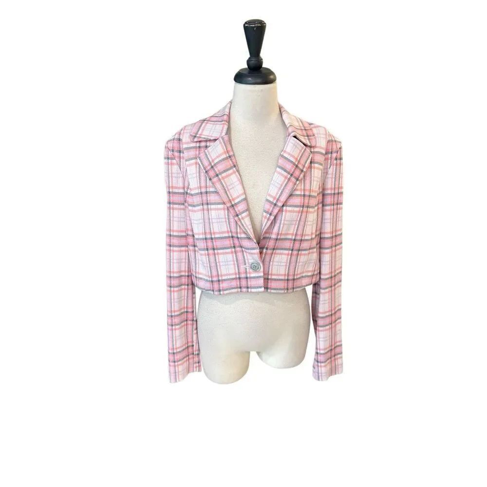 Cabi Women's Plaid Playdate Single Breasted Cropped Blazer Jacket Pink Medium